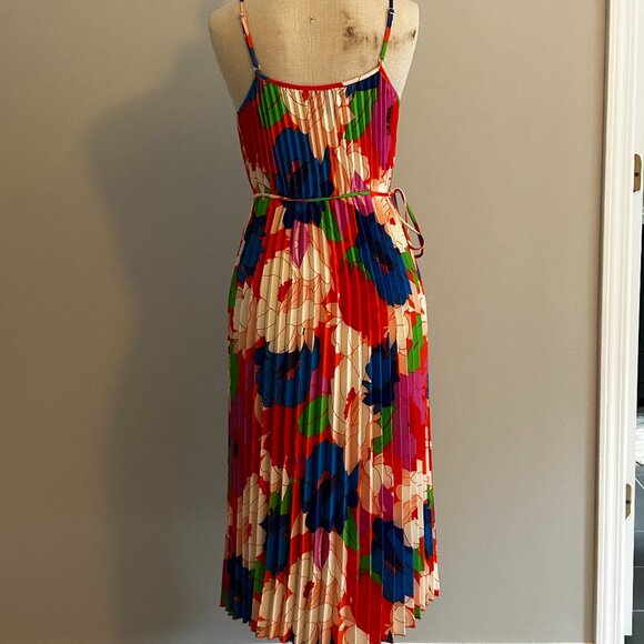Sam Edelman Pleated Plisse Satin Multi Water Color Floral Midi Dress Size Small - Picture 2 of 5